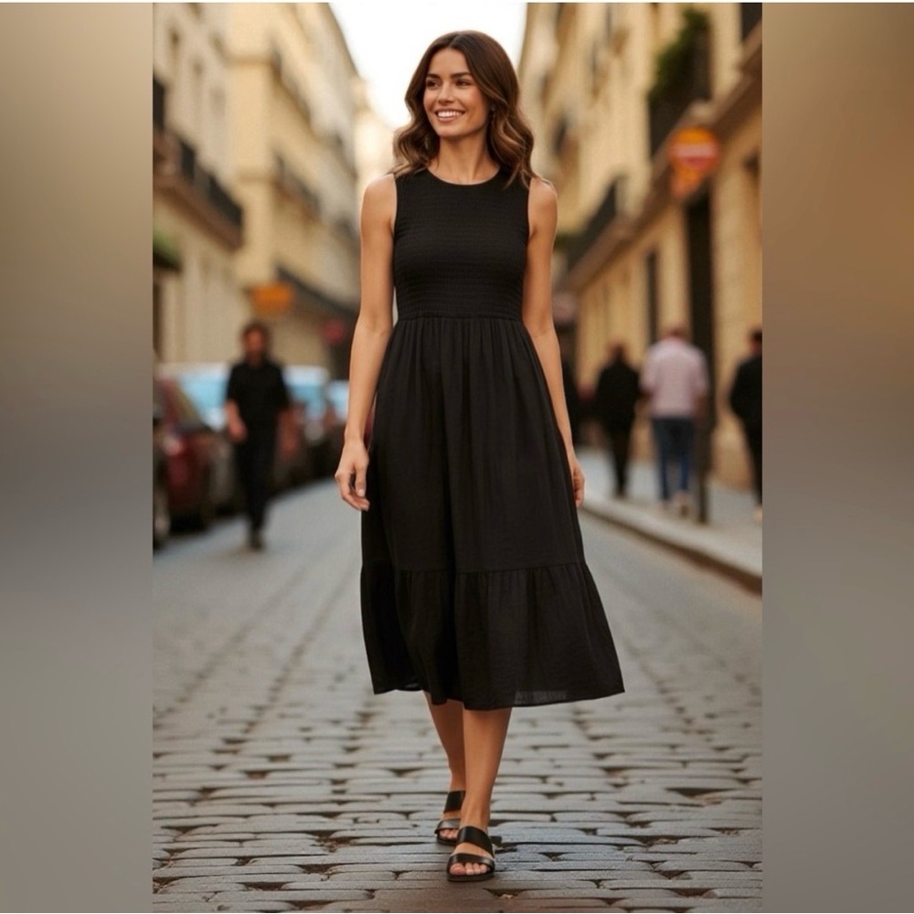 J. Crew Womens black smocked midi dress